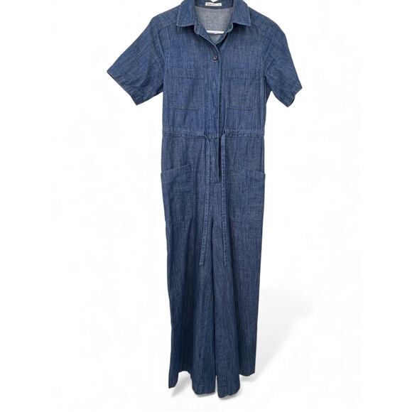 Marine Layer XS Joni Jumpsuit Dark Denim One Piece Outfit Wide Leg Short Sleeve - Picture 2 of 10
